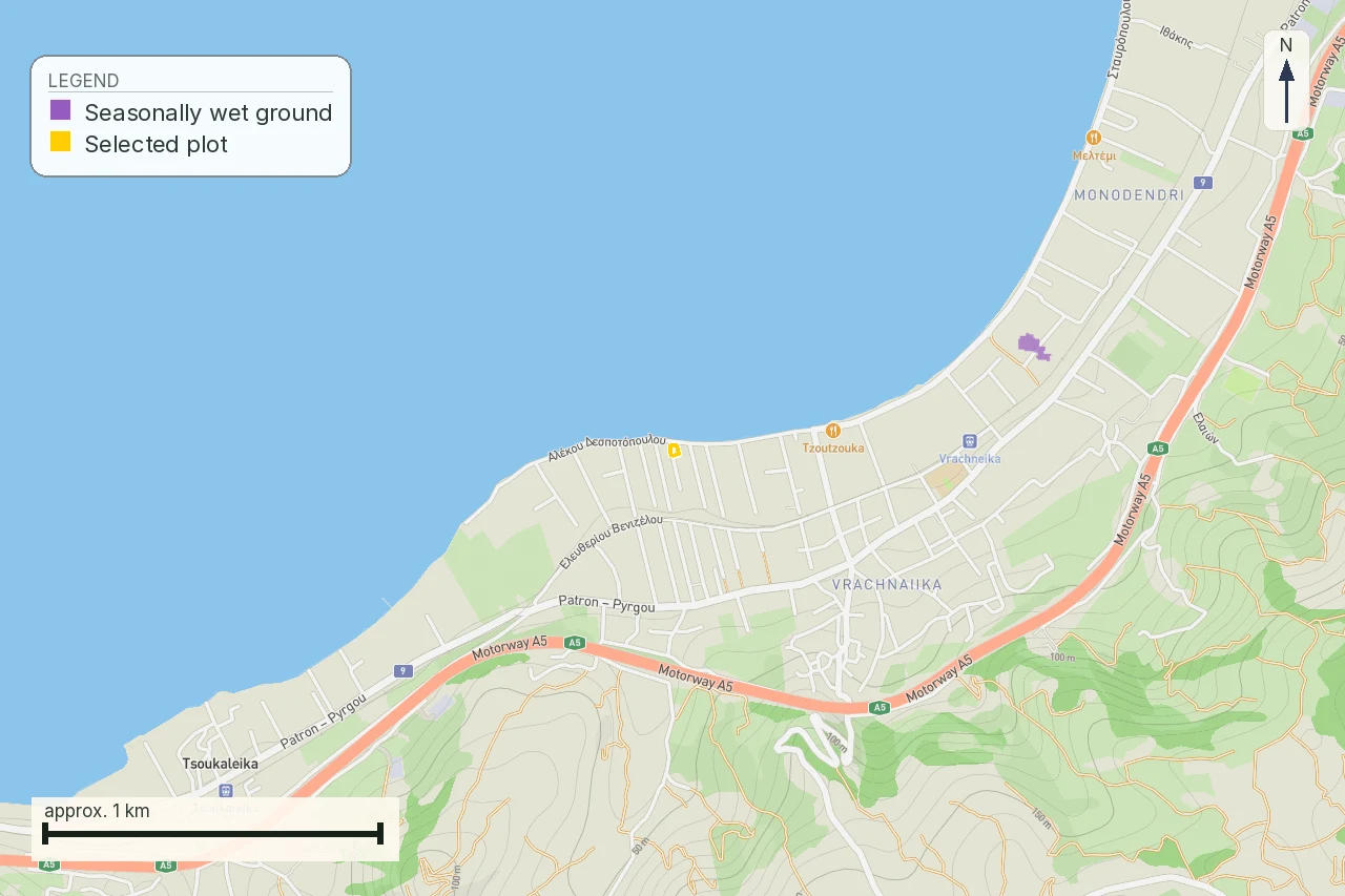 Anonymised report map showing wet-ground, drainage and septic feasibility context