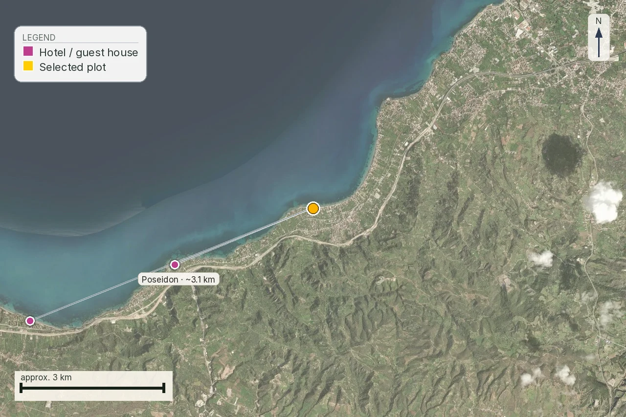 A LandCheck report crop showing a coastal plot with a measured distance of about 3.1 km
to a named guest house