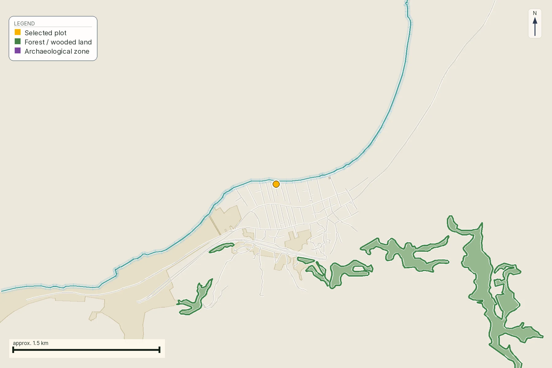 A LandCheck report crop showing forest and wooded-land polygons mapped near a coastal
plot