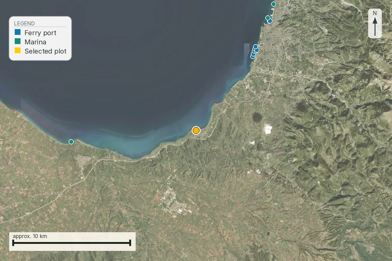 A LandCheck report crop showing ferry ports and marinas mapped along a coastline near a
selected plot