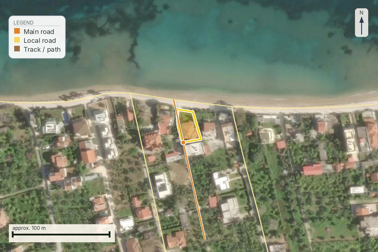 Anonymised LandCheck road-access crop with main road, local road and track legend