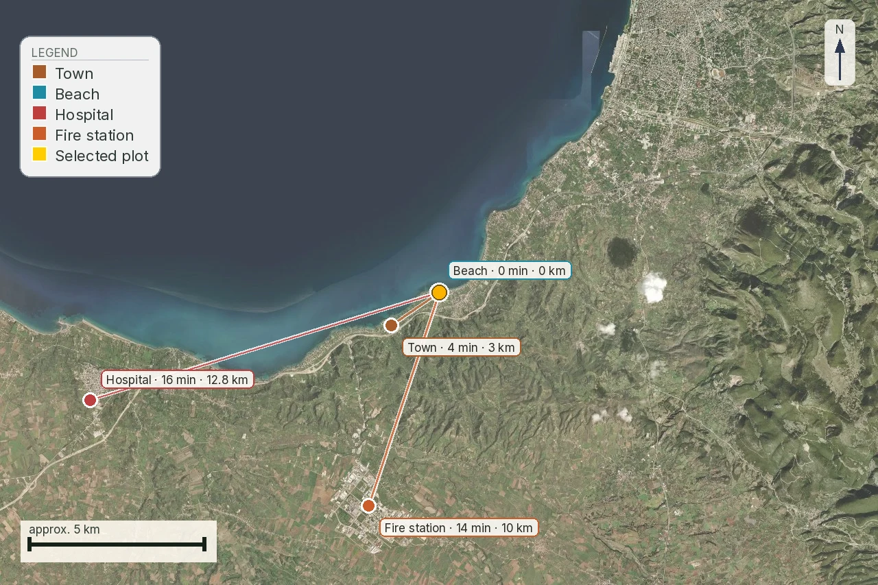 Anonymised report map showing real drive-time context