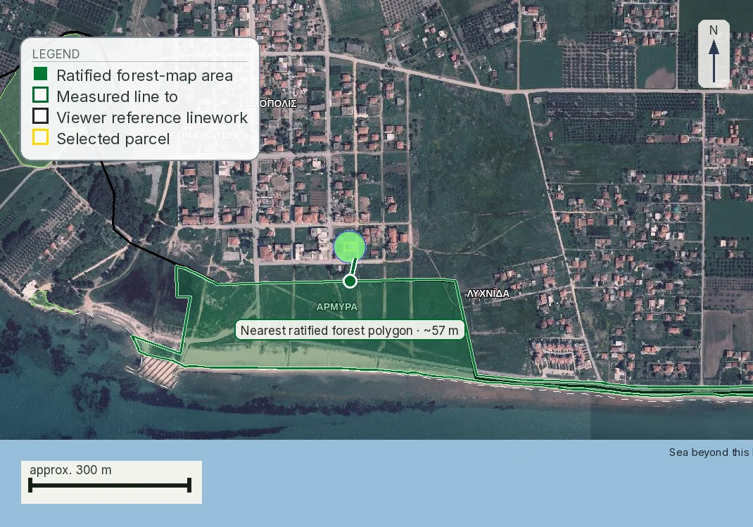 Report forest map at Nea Propontida showing the ratified forest polygon stopping short of the plot, with the measured distance drawn