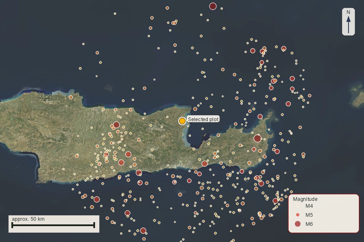 Map of recorded earthquake epicentres and magnitudes around the plot