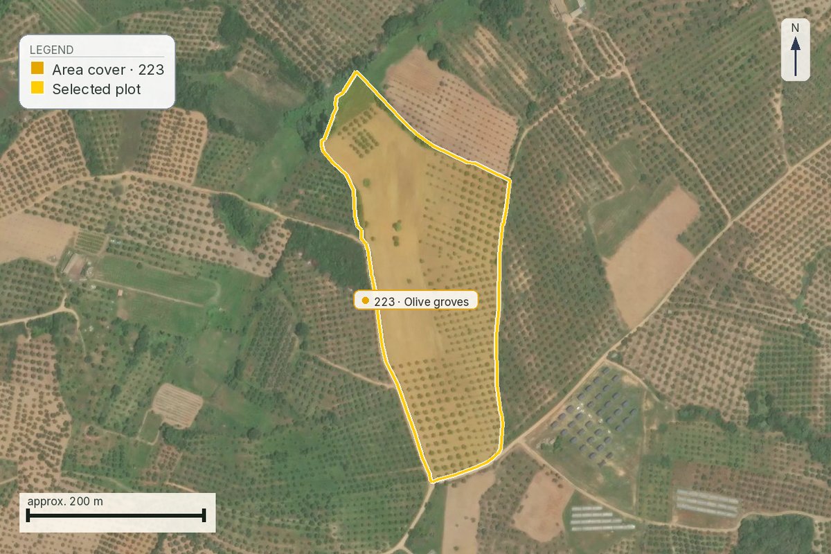 Χάρτης κάλυψης γης με το γεωτεμάχιο πάνω σε αγροτική γη με ελαιώνες