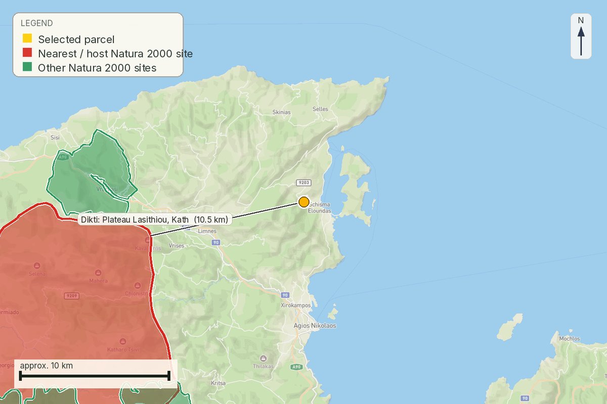 Χάρτης προστατευόμενων περιοχών Natura 2000 και χαρακτηρισμών γύρω από το γεωτεμάχιο